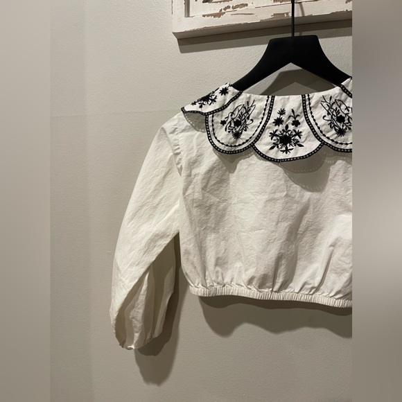 Zara Girls Cropped Button Up Blouse With Embroidered Bib Collar In White Size 8 - Picture 6 of 7